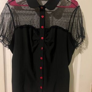 Black Sexy Silky Retro Top with Black Netting and Red Heart Shape Buttons  2X